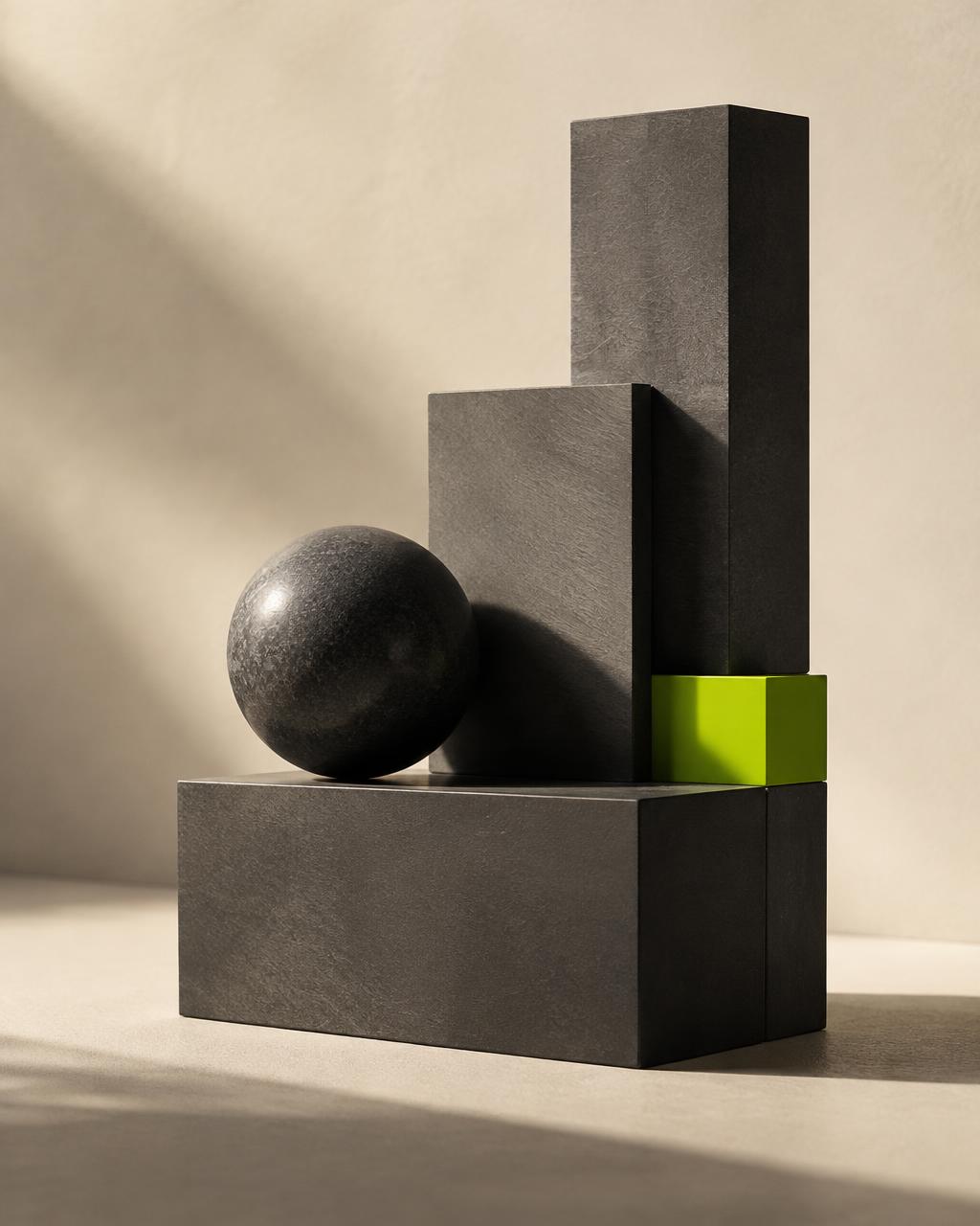 Sculptural charcoal forms with a lime accent, reflecting independent brands and shared intelligence